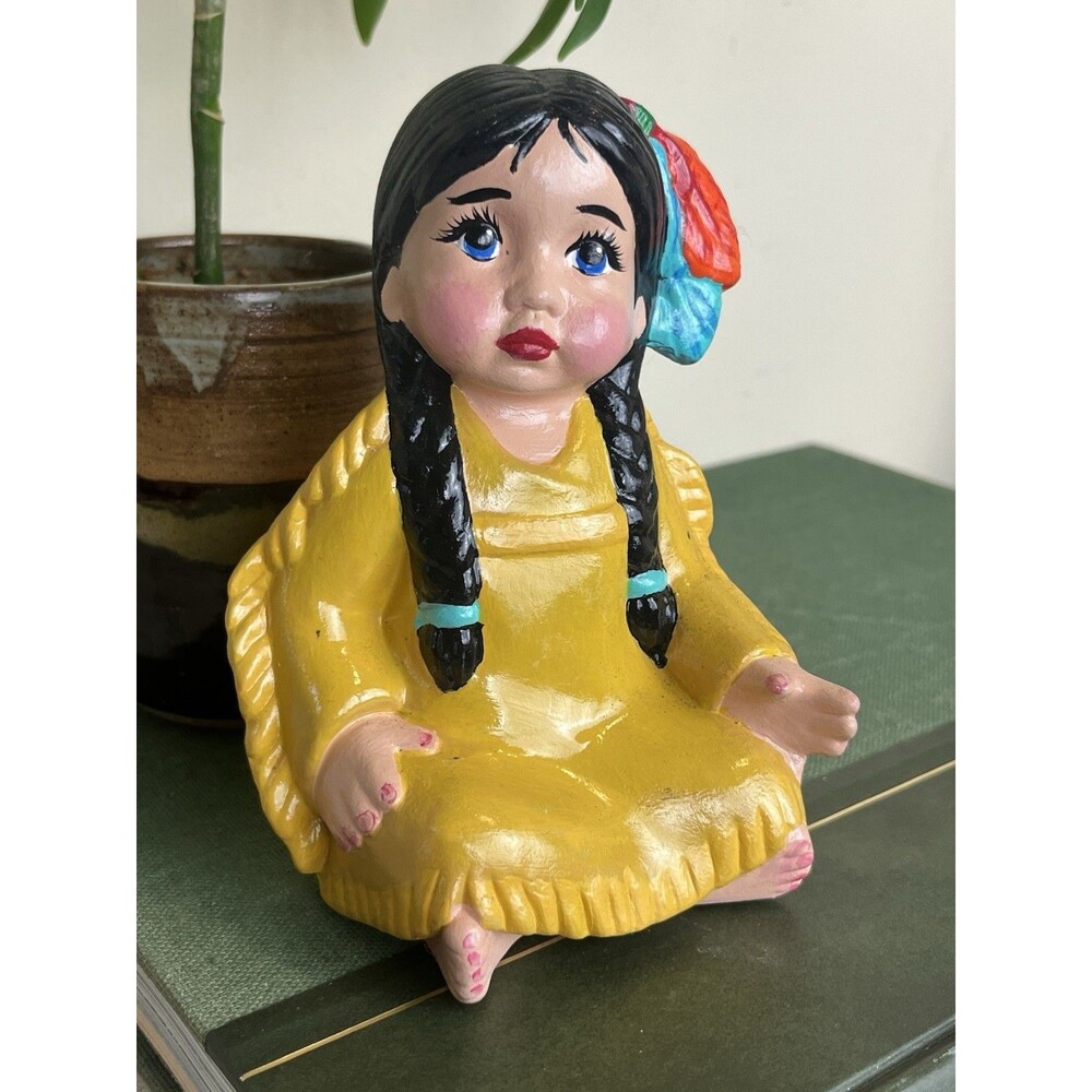 Vintage Native American Figurine Hand Painted Clay Sculpture Young Girl 1960’s